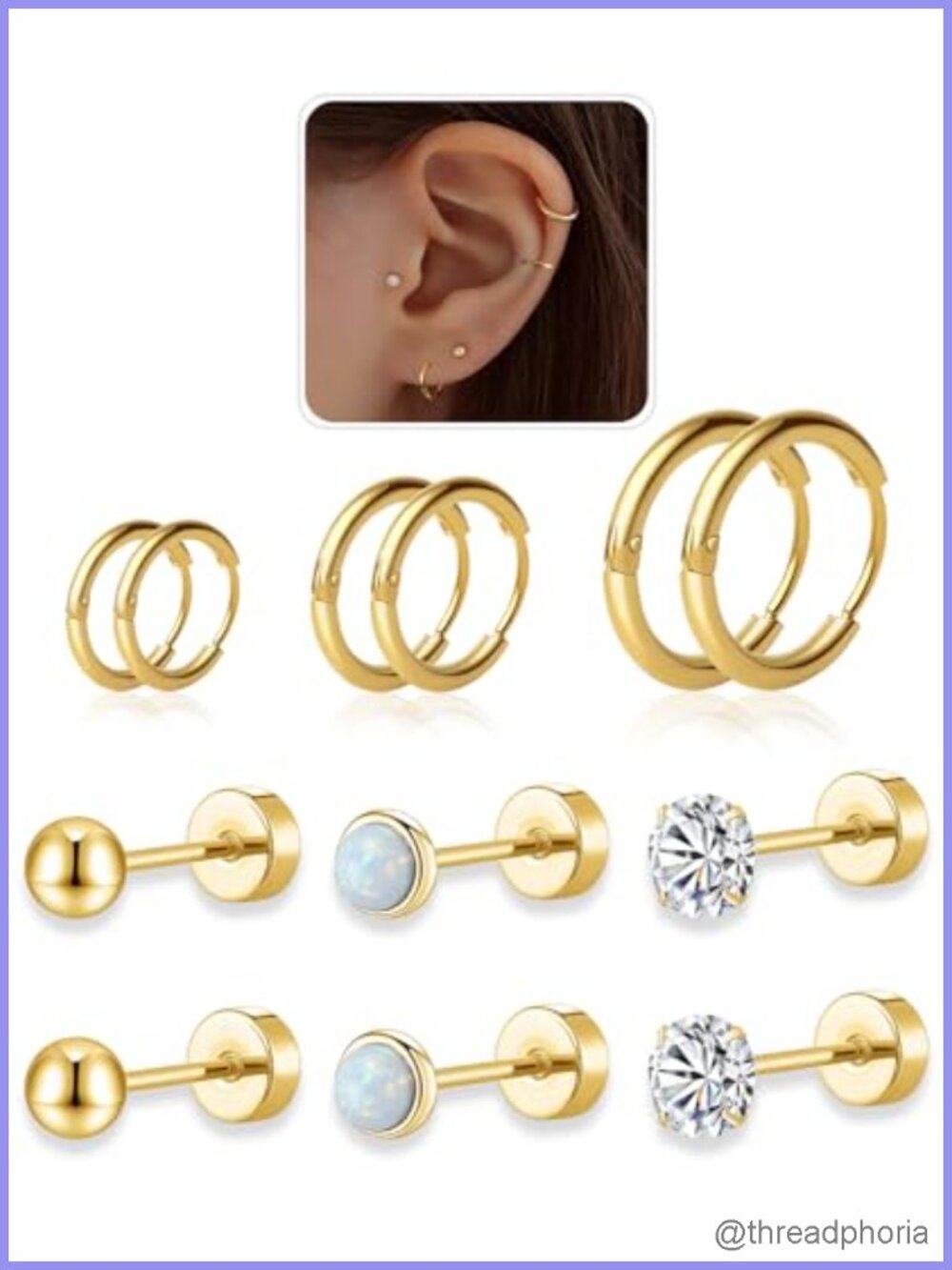 14K Gold Plated Surgical Steel Huggie Hoop & Flat Back Stud Earrings Set
